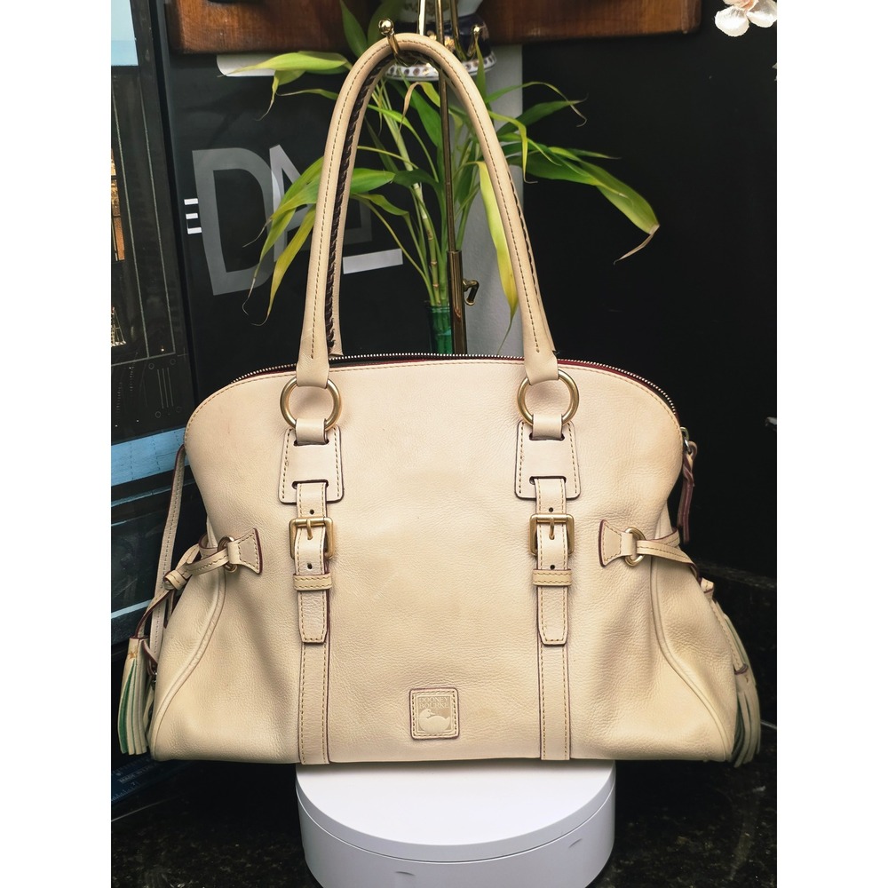 Dooney & Bourke Domed Buckle Satchel Cream Pebbled Leather Tassel Shoulder Bag